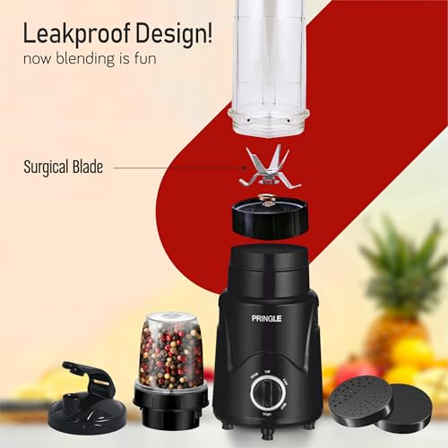 Image of Pringle Alexa Nutri Blender 450W | Smoothie Maker & Mixer Grinder | 2 Food Grade Jars | Sipper Cap & Storage Lids | Dual Blade System | Compact Kitchen Blender | 1 Year Warranty | Black