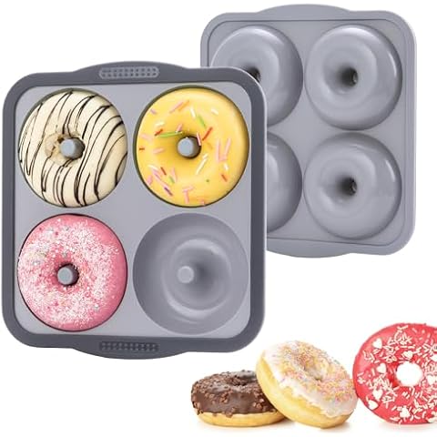 Aichoof Large Size Silicone Donut Pans, 4-inch size donught, non-stick baking mold for making 4 Donuts, Cake or Bagels one time, easy to use and dishwasher safe(2 Pack, Grey) Cover