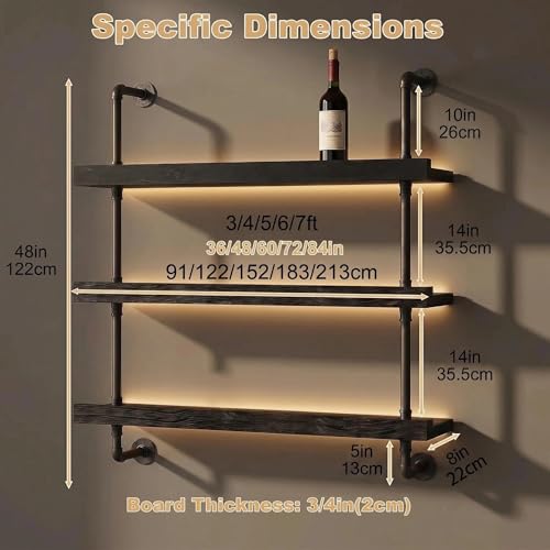Image of HOUSESET 36 /48 /60 /72 /84in Wine Wall Rack with Led Lights, 3-Tiers Modern Pipe Liquor Bottle Display Shelf, Bar Shelves Wall Mounted for Commercial Bar, Restaurant, Home
