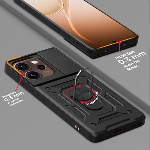 Image of Pikkme Back Cover for Oppo Reno 15 5G | 360 Protection Case | Sliding Camera Shield Cover & Ring Holder Stand D10 Tough Armor Bumper Case (Black)