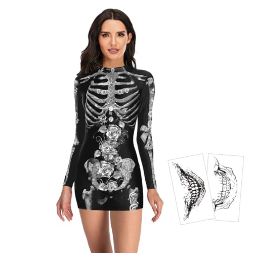 Capaneus Skelett Kostüm für Damen - Halloween Sexy Gruselig Kleid für Fasching Party