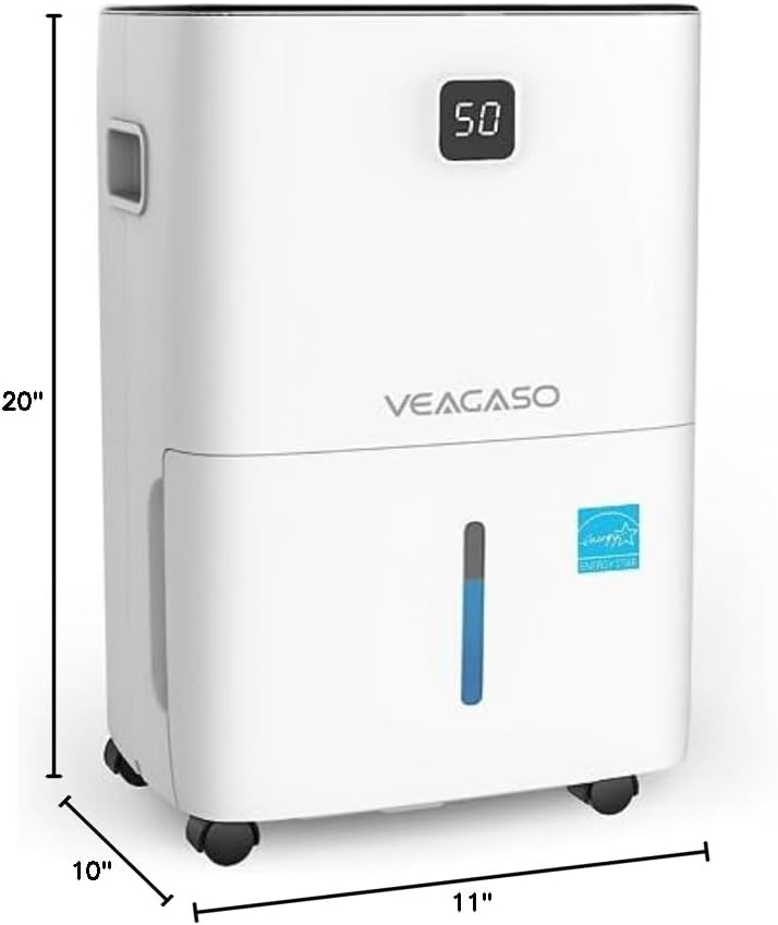 Dimensions of the VEAGASO dehumidifier: 10 inches deep, 11 inches wide, 20 inches high