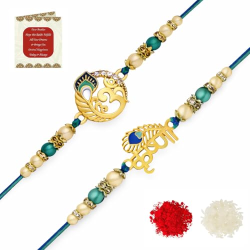 Image of Riddhika Ventures Glorious Gold Plated Auspicious Diamond Ring Rakhi (Set of 2) with Roli Chawal and Greeting Card