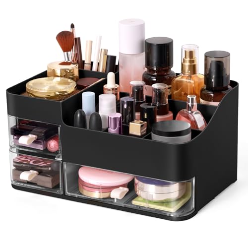 KPX Makeup Organizer Countertop for Vanity, Bathroom Makeup and Skincare Organizer, Cosmetic Storage Care Display Case With 3 Drawers for Lipstick, Nail Care and Jewelry (Black Style)