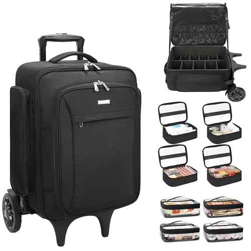 Image of Relavel Rolling Makeup Case with Makeup Brush Case, Large Make Up Travel Organizer with 2 big Wheels, Professional Lockable Makeup Artist Backpack with Adjustable Dividers for Daily Use, Trip - Black