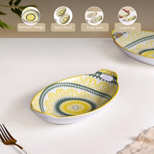 Image of Nestasia Set of 2 Yellow and Green Mandala Design Ceramic Long Oval Platter with Handles for Serving Snacks, Appetizers, Salads, and Noodles | Microwave Safe, Dishwasher Safe (10.8 Inch)