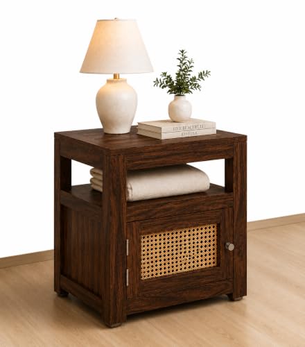 Image of Solid Sheesham Wood Bedside Table with Cane Door | Wooden Nightstand with Open Shelf & Storage Cabinet | Modern Side Table for Bedroom & Living Room
