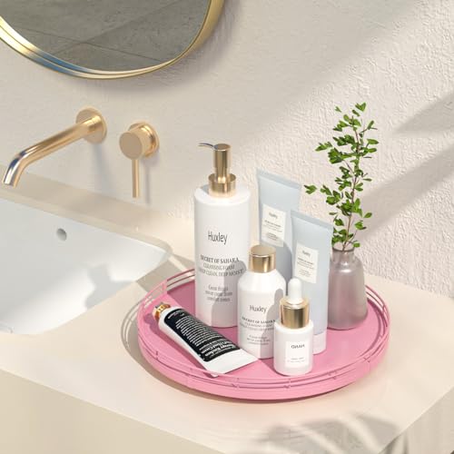 Image of 12 inch Oak Wood Bathroom Tray for Counter, Vanity Tray for Perfume Lotion Candle Makeup Jewelry Sink Soap Holder Turntable Dresser Organizer Countertop Coffee Table Decor Organization and Storage Pink