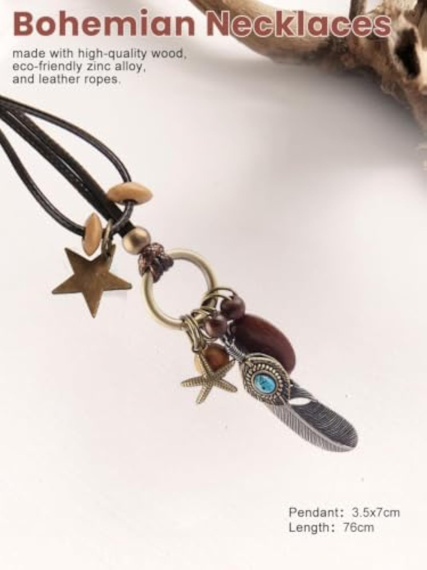 Women's Bohemian Bronze Feather Long Necklace, Vintage Style