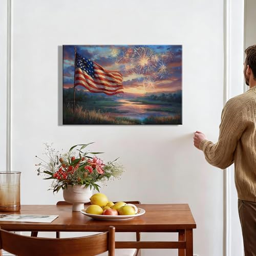 Image of RIBNTAK 4th of July Canvas Art - Vibrant American Flag & Fireworks, Patriotic Wall Art for Independence Day, Perfect for Living Room, Office, Holiday Decorations and Inspirational Artwork