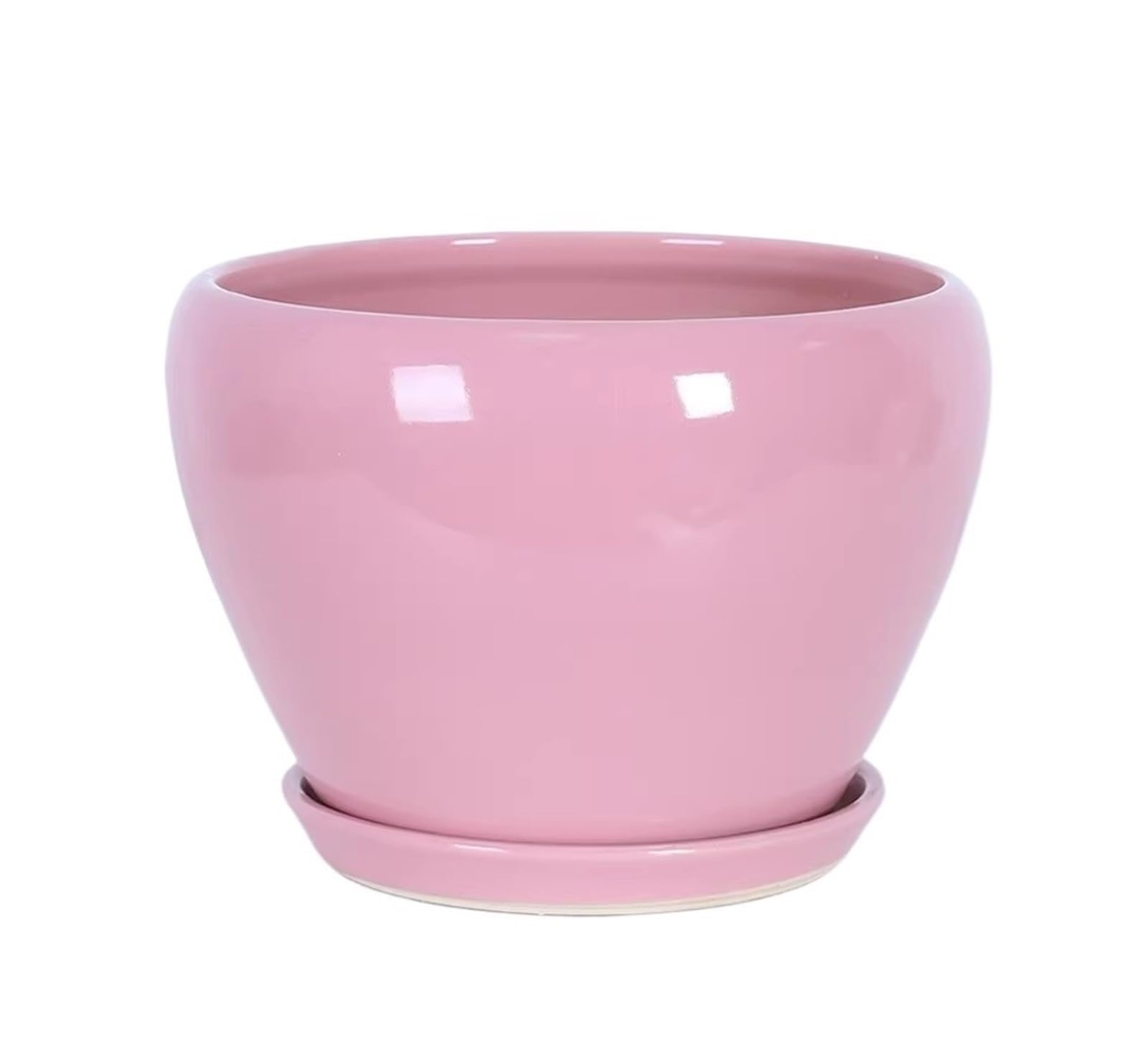Ceramiczna doniczka z otworem drenażowym i spodkiem Gładka przeszklona doniczka do wnętrz na zewnątrz Nowoczesny pojemnik na rośliny(Pink,24x19cm)