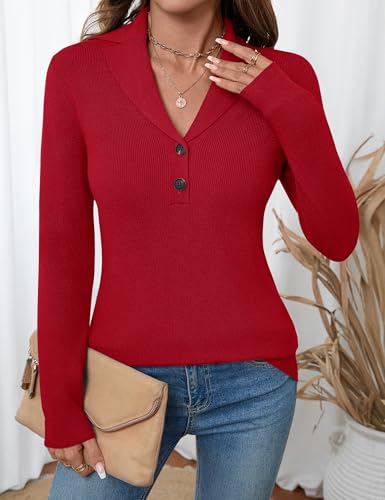 Image of LOMON Sweaters for Women 2025 Fall Knitted V-Neck Collared Button Pullover Dressy Casual Long Sleeve Polo Shirts Business