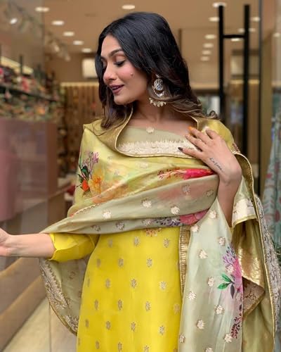 Image of Women's Viscose organza Solid 3 /4 Sleeve Round Neck Embroidered Kurta, Pant and Dupatta-Lemon-yellow-JT-045