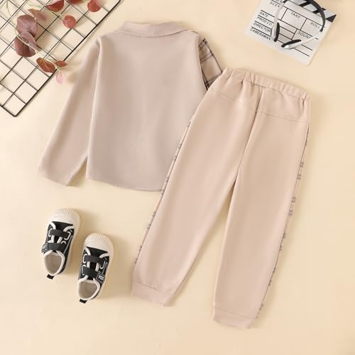 Image of Boy Clothes Fall Winter Outfits Long Sleeve Plaid Patchwork Button Down Shirt + Casual Pocket Sweatpants 5-14 Years