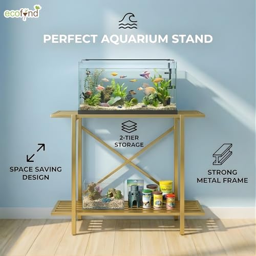 Image of ecofynd 2-Tier Fish Tank Stand, Double-Layer Aquarium Stand with Adjustable Table Feet, Heavy Metal Storage Rack Suitable for Home and Office, (Gold, FS-PS049)
