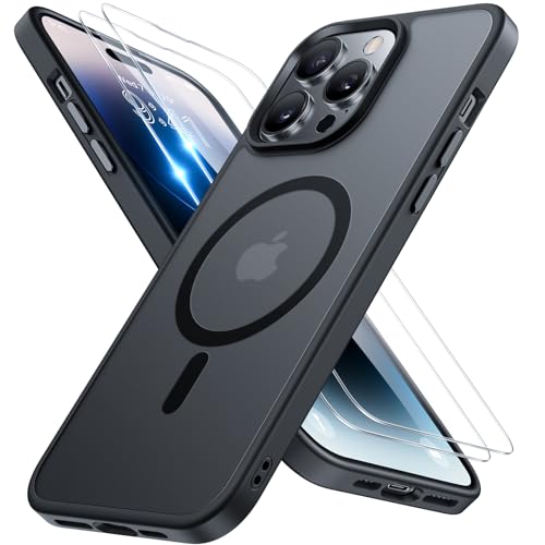 Miracase für iPhone 14 Pro Hülle für Magsafe[mit 2 Panzerglas][TOP Militärschutz & Magnetkraft] Stoßfest Kratzfest Samtige Haptik Dünn Handyhülle für iPhone 14 Pro 6,1 Zoll, Matt-Schwarz
