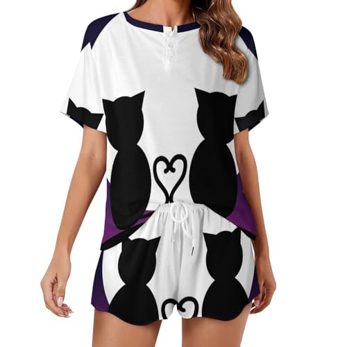 Pyjama femme manches courtes ensemble sleepwear été imprimé chat lune