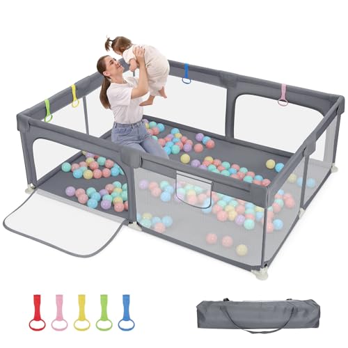 Image of Dripex Baby Playpen, 71 inchx59 inch Large Play Pen for Babies, Light Grey | Included Portable Bag / Pull up Rings, Breathable Visible Mesh, Anti-Fall Design, Easy Setup, Indoor /Outdoor Use