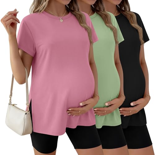 Ficerd 3 Pack Women's Maternity T Shirts, Short Sleeve Side Split Pregnancy Tops Casual Crew Neck Pregnant Tees Mama Clothes