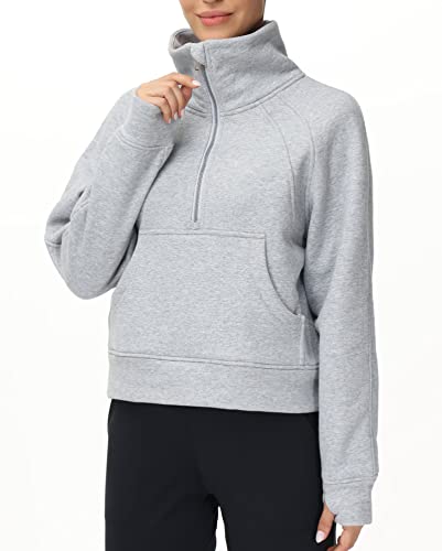 The Gym People Women's Half Zip Pullover Sweatshirt Fleece Stand Collar Crop Sweatshirt With Pockets Thumb Hole Grey #TOP2