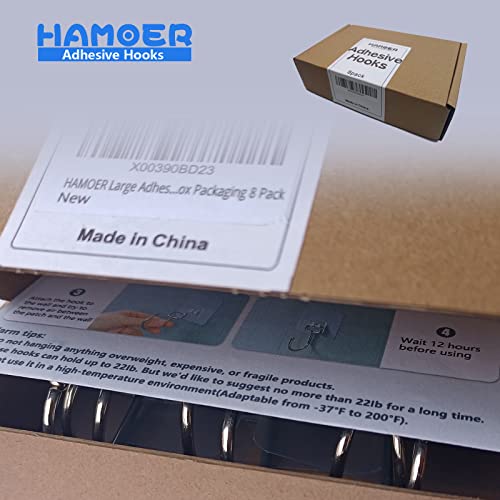 Hamoer Large Adhesive Wall Hooks-22Lb(Max) Nail Free Sticky For Hanging Towel Keys All-Purpose, Complimentary Little Towel, Gift Box Packaging 8 Pack, Silver #TOP6