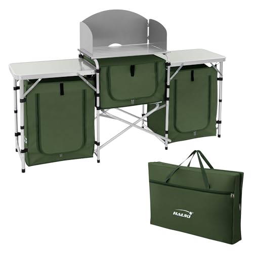 Hauki Mueble de Cocina para Camping Plegable Armario Caqui Multifuncional con Compartimentos de Almacenamiento y Encimera Aluminio Tienda Portátil con Cortavientos Acampada con Bolsa de Transporte