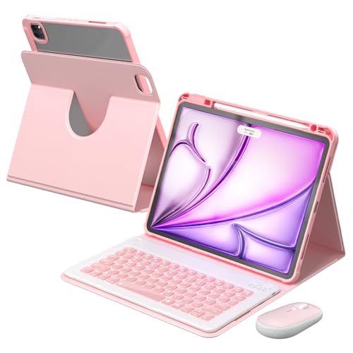 Image of YBING for iPad Air 13 Inch & Pro 12.9 Keyboard Case with Mouse, 7 Colors Backlit Keyboard & 360 Rotating Cover with Pencil Holder for iPad Pro 12.9 (6th, 5th, 4th gen), Air 13 M4 /M3 /M2 (Pink)