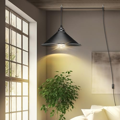 Image of Big Black Plug in Pendant Light, Industrial Hanging Light with Plug in Cord