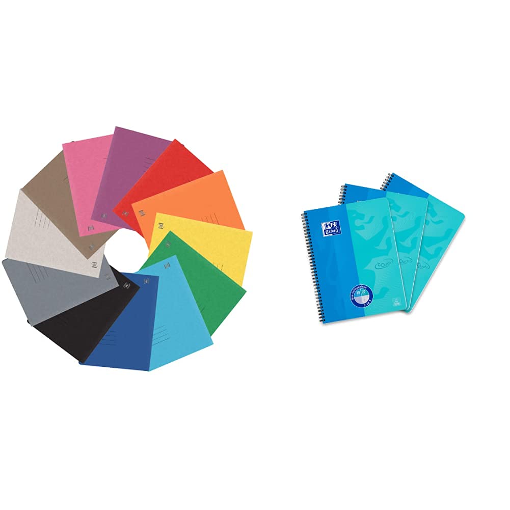 Oxford Schnellhefter A4, aus Karton, sortiert mit 12 Farben, 25 Stück & DUO Collegeblock A4 kariert und liniert kombiniert in einem Block, blau, 3er Pack