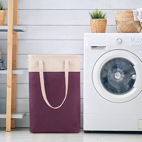 I Bkgoo Laundry Basket With Handles Beige&Burgundy Slim Laundry Bin Collapsible Dirty Clothes Basket Narrow Laundry Bag Foldable Dirty Hamper For Camping, Dorms, Apartments #TOP5