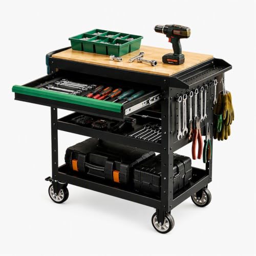 StrideoooTrek Rolling Utility Cart with Wooden Top, 3-Tier Mobile Workshop Table, Heavy-Duty Wheels,330LB Load Capacity Organizer Cabinet for Garage, Warehouse, Repair Shop