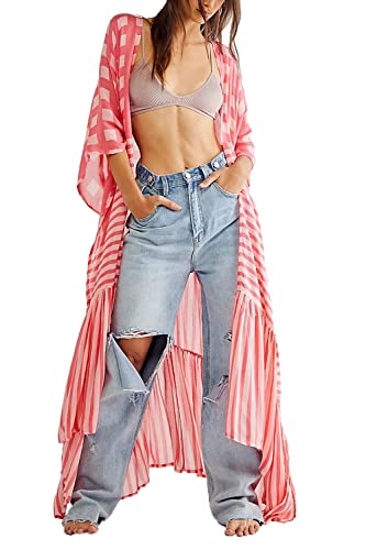 YouKD Women's Boho Long Cardigan Dress Large Size Kimono Beach Swimsuit Cover Up Dresses A Pink