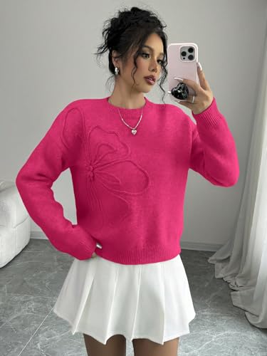 Image of Verdusa Women's Spring 3D Flower Appliques Crewneck Sweaters Long Sleeve Drop Shoulder Pullovers Knit Going Out Tops