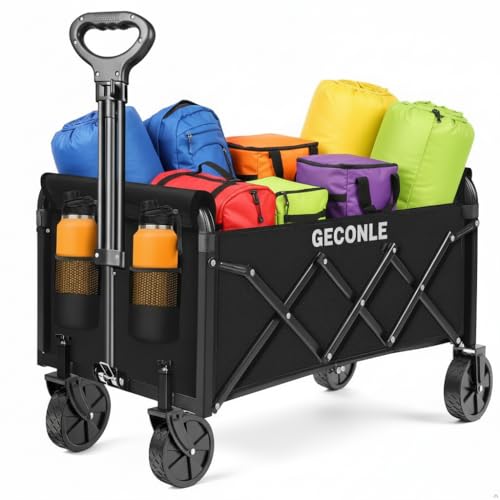 Chariot de Pliable Tout Terrain à roulettes 100L 100KG, Chariot de Jardin avec Roues Amovibles et Poignée Réglable, Charrette pour Extérieur, Camping, Festival,...