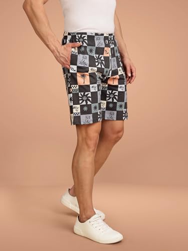 Image of BULLMER Regular Fit Cotton Blend Summer Shorts for Men - Pack of 2 | Printed Shorts for Men Blue /Beige