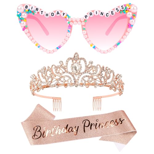VELSCRUN Rose Gold Birthday Princess Glasses, Birthday Princess Sash Tiara Crown for Women Girls, 3 Pcs Elegant Tiaras Crowns Hair Accessories Happy Birth Party Decorations Girls Gifts