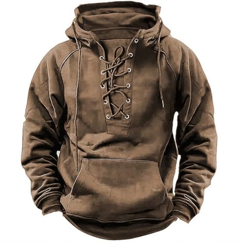 Men's Vintage Lace Up Hooded Sweatshirts Oversized Long Sleeve Pullover Tops Retro Gym Workout Sweatshirts