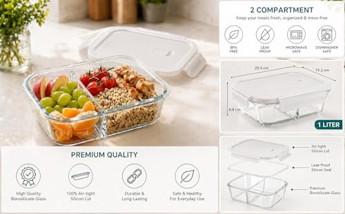 Image of Slim Borosilicate Glass Two Compartment Lunch Box | Leakproof Silicone Seal | Heat Resistant | Great for Office & Outdoor Activities | Best for Storing Leftovers (1 LTR | Clear)