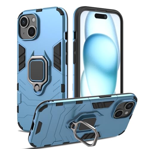 Housse iPhone 15 anneau metallique pour support voiture bleu