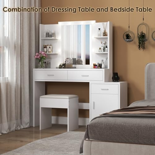 LINLUX Makeup Vanity Desk with Mirror and Lights, 48” Big Vanity Table Set with 3 Drawers, 6 Storage Shelves, Charging Station, Dressing Table with Cushioned Stool for Bedroom, White - Thumbnail 5