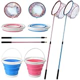 Chicmount 4 Pack Telescopic Fishing Net with Bucket Extendable Lightweight Aluminum Pole Non Slip Handle for Catching Releasing Frogs Butterfly Fish Crabs for Beach Stream Outdoor Use (Blue,Pink)