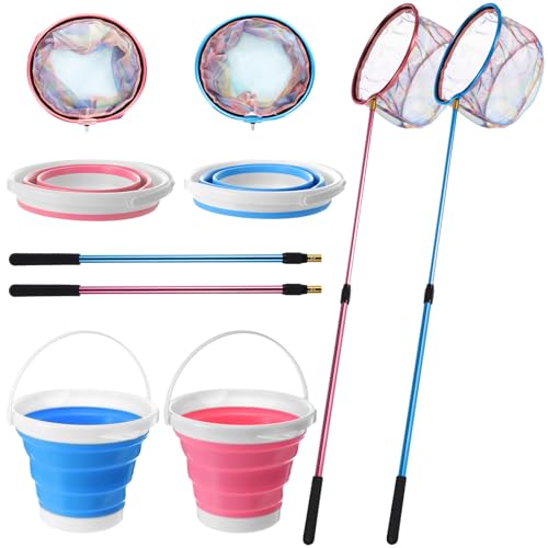 2 Set Telescopic Fishing Net with Bucket, Telescopic Fishing Landing Net, Lightweight Aluminum Pole Non Slip Handle for Catching Frogs Butterfly Fish Crab for Beach Stream Outdoor (Blue+Pink) by Chicmount - Used condition - US$18.86