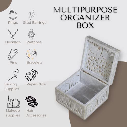 Hashcart® Marble Jewelry Box Small Decorative Box Tarot Box Stash Box |Size- 4" X 4" X 2"| Handcarved Soapstone Box Use As Jewelry Tray Ring Dish Ring Holder #TOP5