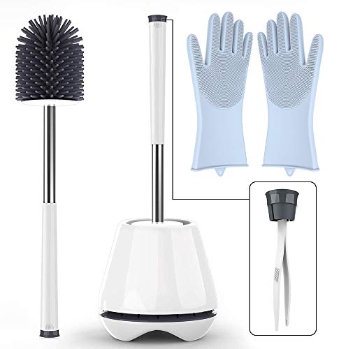 SUPTEMPO Toiletborstel en houderset, siliconen toiletborstel met pincet & schoonmaakhandschoen, diepe reiniging en sneldrogende toiletborstel en houder