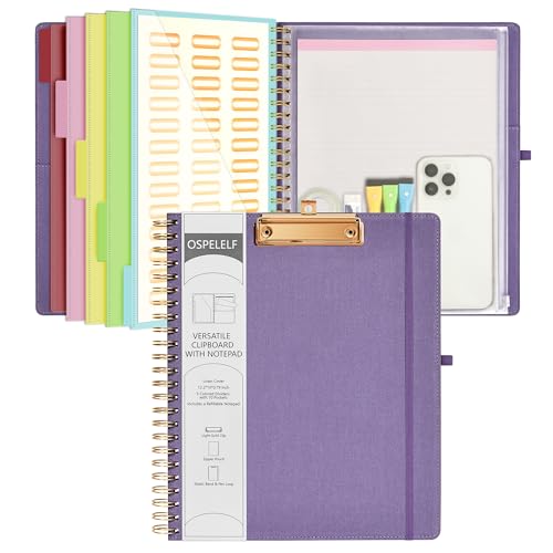 Ospelelf Foldable Spiral Clipboard Folio with Storage Zipper Pouch, 5 Plastic Folders with 10 Pockets,Refillable Lined Notepad (11" x 8.5"), Hardcover Project Organizer with 39 Stickers (Purple)