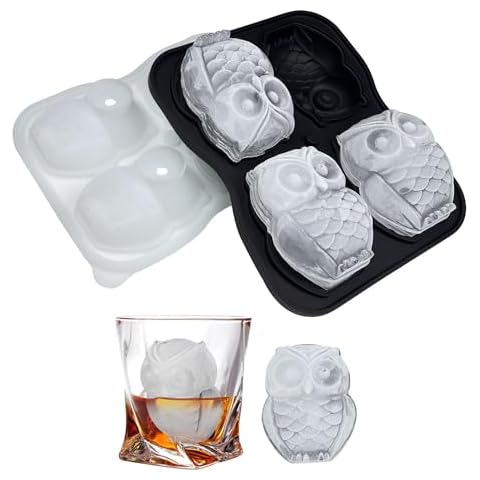 Cute Owl Ice Cube Mold, Owl Shapes Ice Cube Tray, Silicone Ice Mold Fun Shapes, Make 4 Large Owl Ice Balls for Whiskey Cocktails Drinks, Black Cover