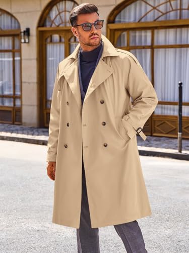 Runcati Mens Trench Coat Double Breasted Long Jacket Casual Windbreaker Notched Lapel Belted Overcoat2