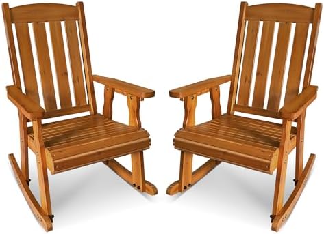 Wooden Patio Rocking Chair with Comfortable Backrest Inclination, High Backrest and Deep Contoured Seat, Solid Fir Wood, Heavy Duty 600 LBS (Natural, 2 Pieces)