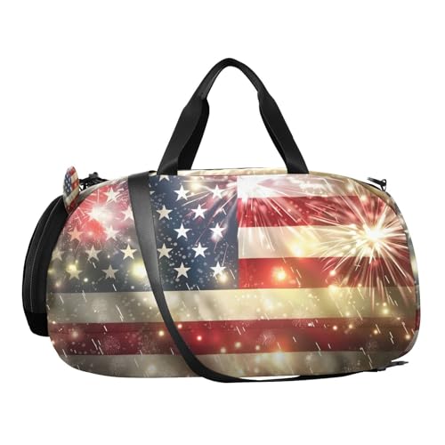 Duffle Bag for Boys or Girls with Shoes Compartment, American Flag Fireworks Sports Travel Bag Overnight2