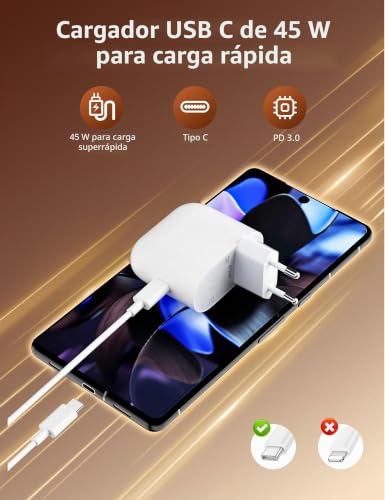 Cargador USB C 45W con cable de 1,8m para Google Pixel 9a y Samsung A56 3